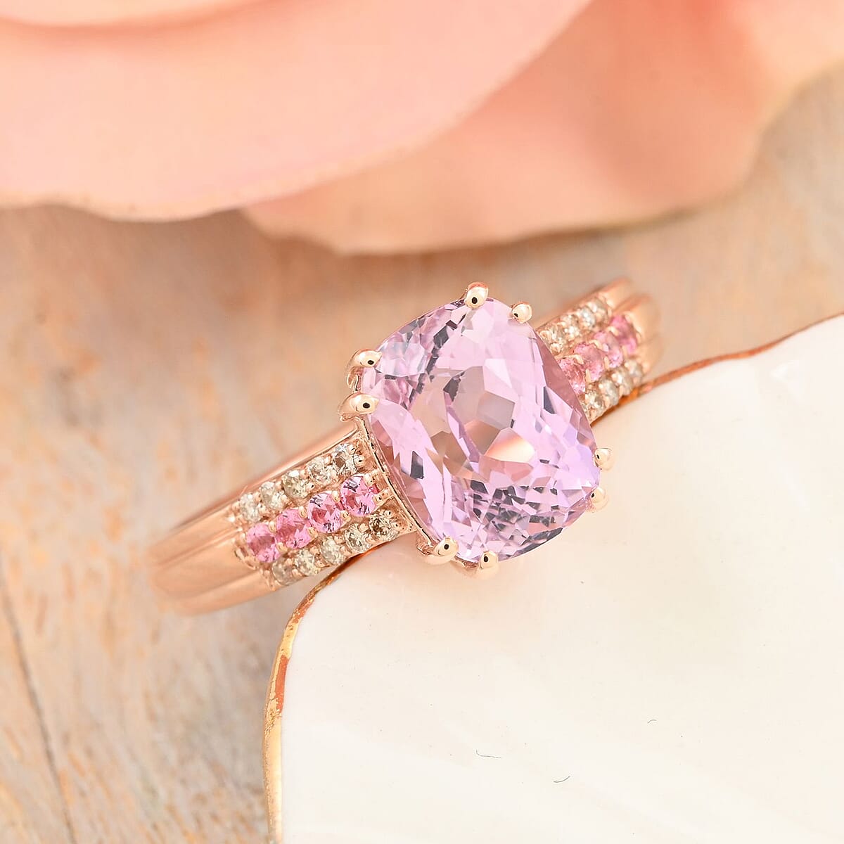 Certified & Appraised Luxoro AAA Martha Rocha Kunzite and Thai Pink Spinel and G-H I2 Diamond 3.10 ctw Ring in 10K Rose Gold (Size 8.0) image number 1