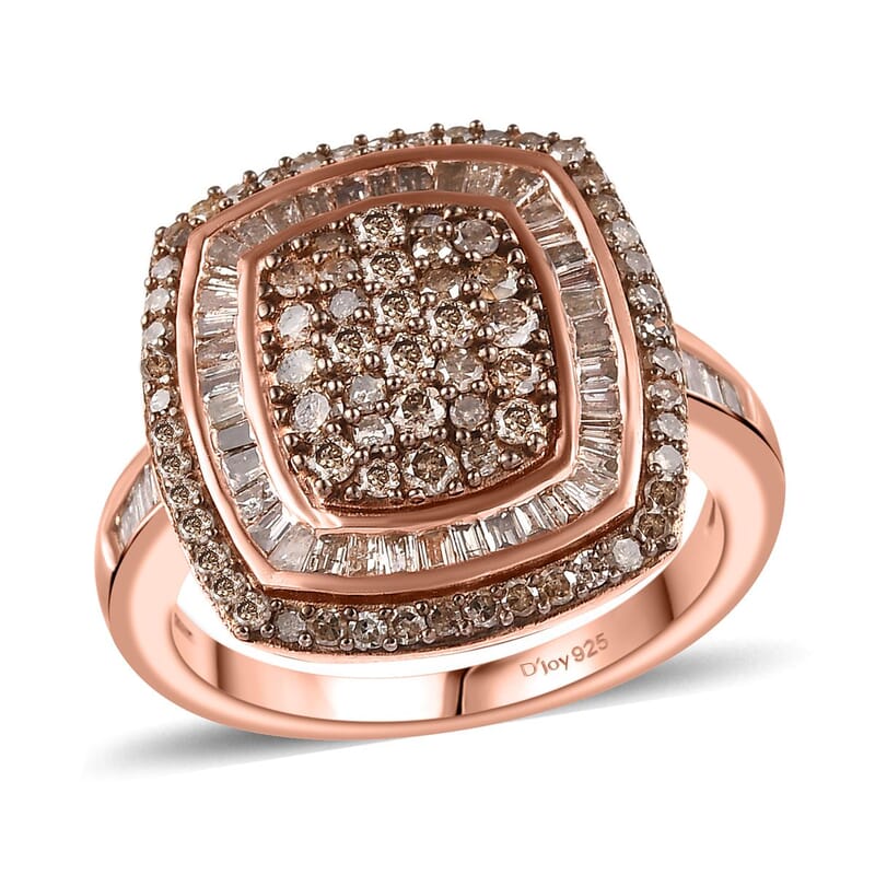 Natural Champagne Diamond 1.00 ctw Art Deco Ring in 18K Vermeil Rose Gold Over Sterling Silver (Size 7.0)
