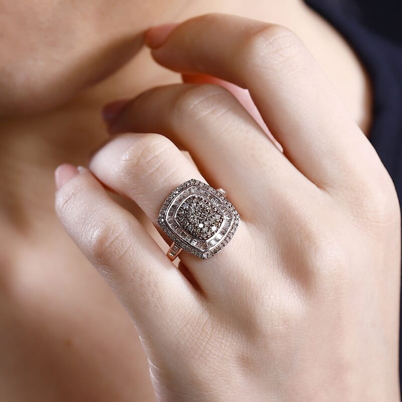 Natural Champagne Diamond 1.00 ctw Art Deco Ring in 18K Vermeil Rose Gold Over Sterling Silver (Size 7.0)
