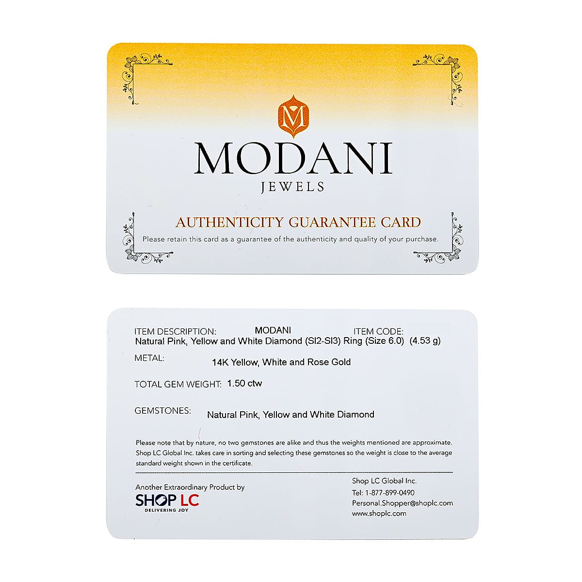 Modani 14K Yellow, White and Rose Gold SI2-SI3 Natural Pink, Yellow and White Diamond Ring (Size 10.0) (Del. in 10-12 Days) 1.50 ctw