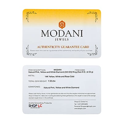 Modani 14K Yellow, White and Rose Gold SI2-SI3 Natural Pink, Yellow and White Diamond Ring (Size 10.0) (Del. in 10-12 Days) 1.50 ctw