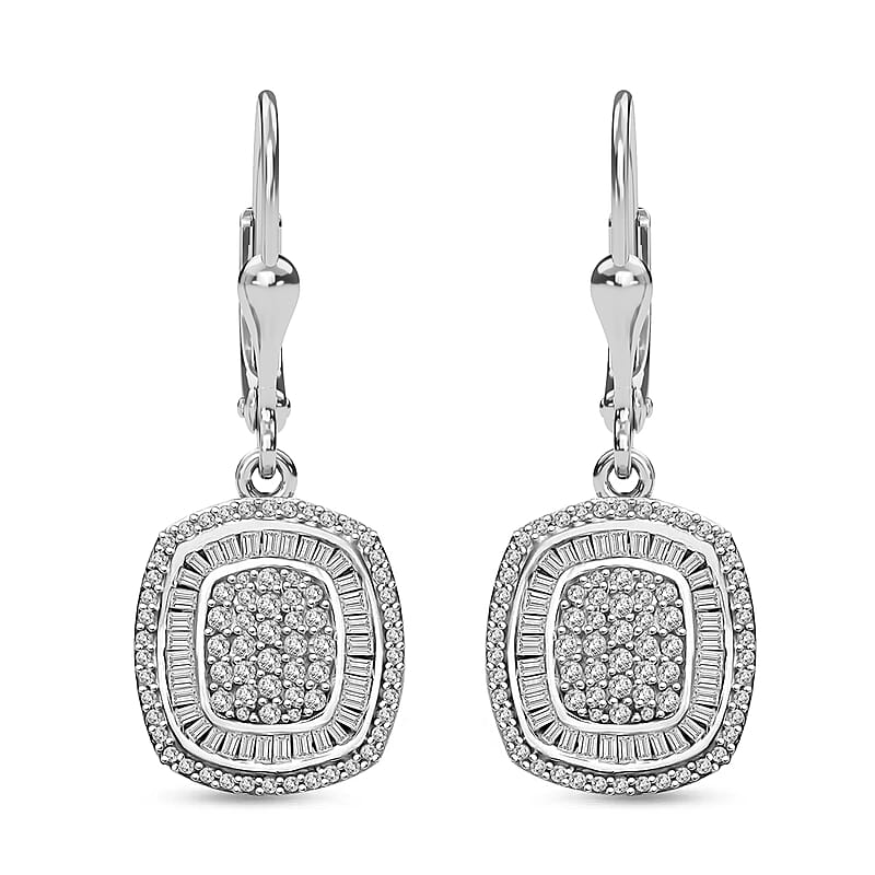White Diamond 1.00 ctw Art and Deco Lever Back Earrings in Rhodium Over Sterling Silver