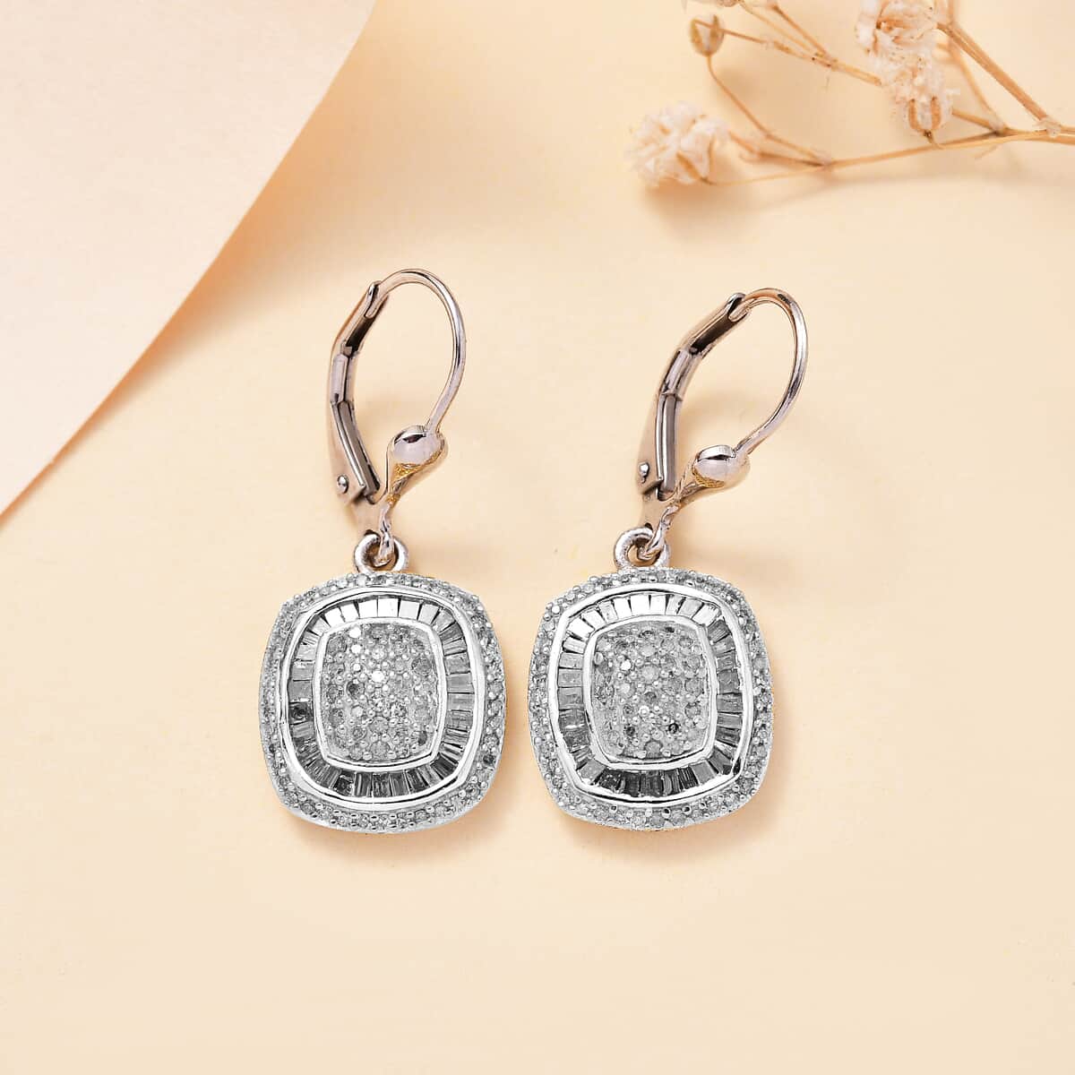 White Diamond 1.00 ctw Art and Deco Lever Back Earrings in Rhodium Over Sterling Silver image number 1