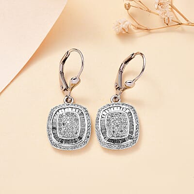 White Diamond 1.00 ctw Art and Deco Lever Back Earrings in Rhodium Over Sterling Silver