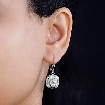 White Diamond 1.00 ctw Art and Deco Lever Back Earrings in Rhodium Over Sterling Silver