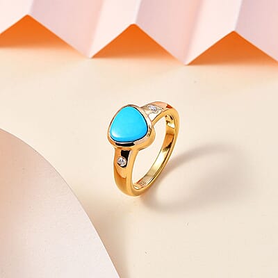 Sleeping Beauty Turquoise and Moissanite 1.35 ctw Ring in 18K Vermeil Yellow Gold Over Sterling Silver (Size 11.5)