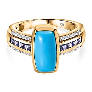 Sleeping Beauty Turquoise and White Zircon Tanzanite 3.06 ctw Ring in Vermeil Yellow Gold Over Sterling Silver (Size 6.5)