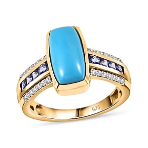 Sleeping Beauty Turquoise and White Zircon Tanzanite 3.06 ctw Ring in Vermeil Yellow Gold Over Sterling Silver (Size 6.5)