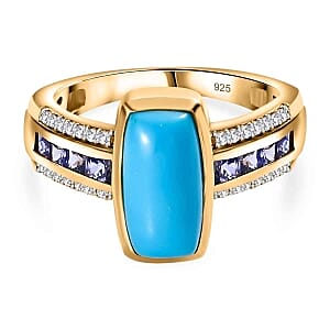 Sleeping Beauty Turquoise and White Zircon Tanzanite 3.06 ctw Ring in Vermeil Yellow Gold Over Sterling Silver (Size 10)