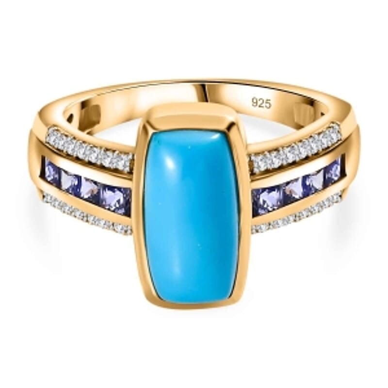 Sleeping Beauty Turquoise and White Zircon Tanzanite 3.06 ctw Ring in Vermeil Yellow Gold Over Sterling Silver (Size 10)