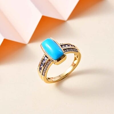 Sleeping Beauty Turquoise and White Zircon Tanzanite 3.06 ctw Ring in Vermeil Yellow Gold Over Sterling Silver (Size 10)