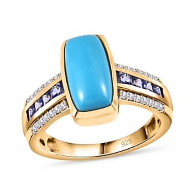 Sleeping Beauty Turquoise and White Zircon Tanzanite 3.06 ctw Ring in Vermeil Yellow Gold Over Sterling Silver (Size 10)