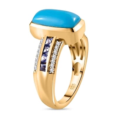 Sleeping Beauty Turquoise and White Zircon Tanzanite 3.06 ctw Ring in Vermeil Yellow Gold Over Sterling Silver (Size 10)