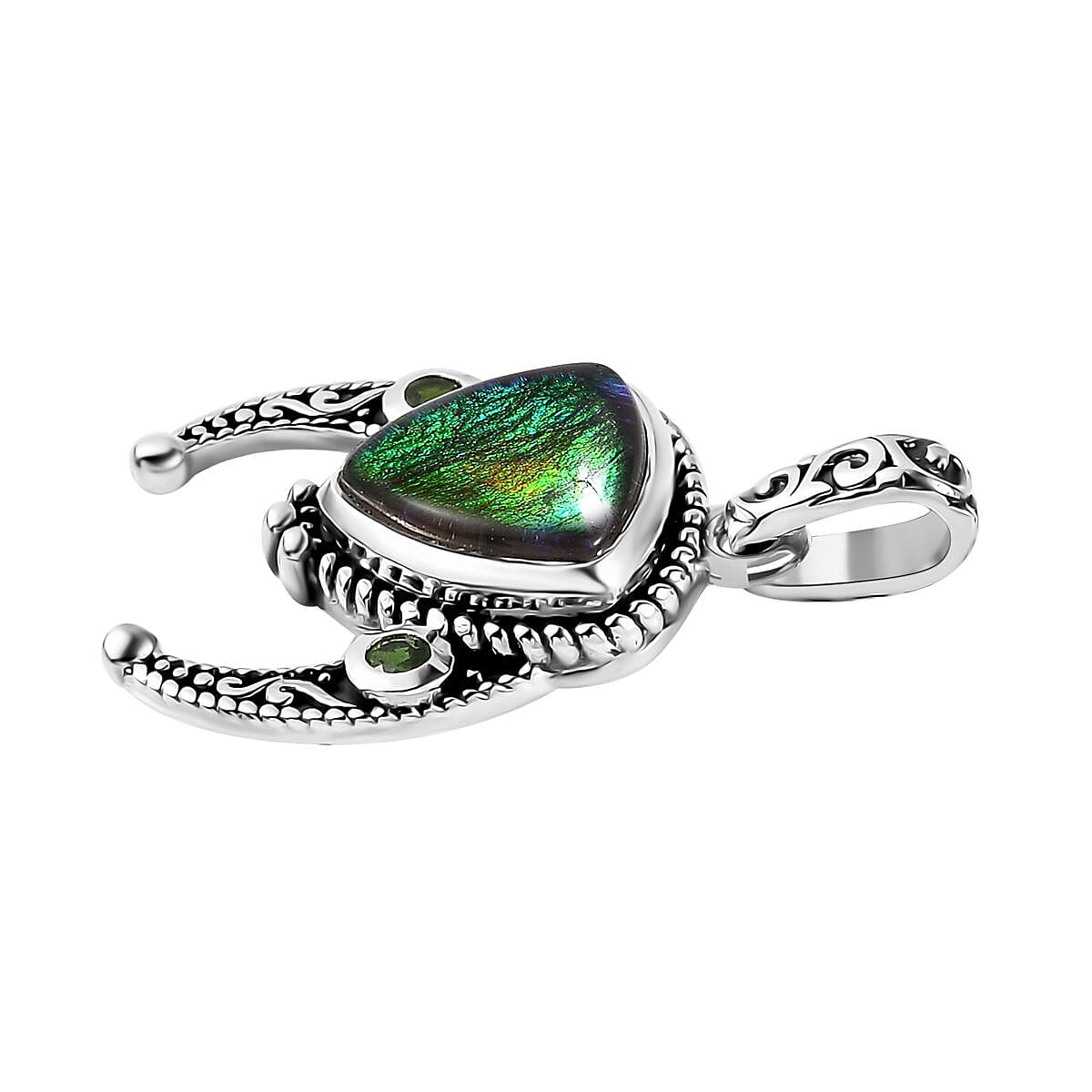 Artisan Crafted Canadian Ammolite and Chrome Diopside Pendant in Sterling Silver 0.10 ctw image number 3