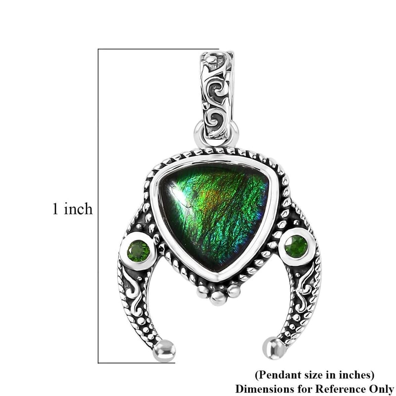 Artisan Crafted Canadian Ammolite and Chrome Diopside Pendant in Sterling Silver 0.10 ctw