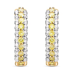 Natural Yellow and White Diamond Hoop Earrings in Vermeil Yellow Gold Over Sterling Silver 1.00 ctw