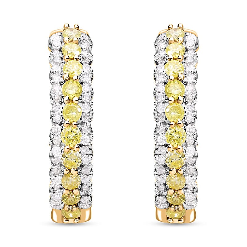 Natural Yellow and White Diamond Hoop Earrings in Vermeil Yellow Gold Over Sterling Silver 1.00 ctw