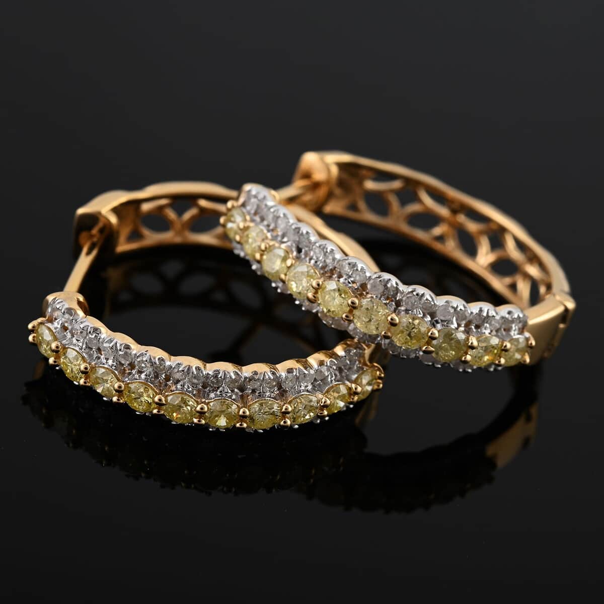 Natural Yellow and White Diamond Hoop Earrings in Vermeil Yellow Gold Over Sterling Silver 1.00 ctw image number 1