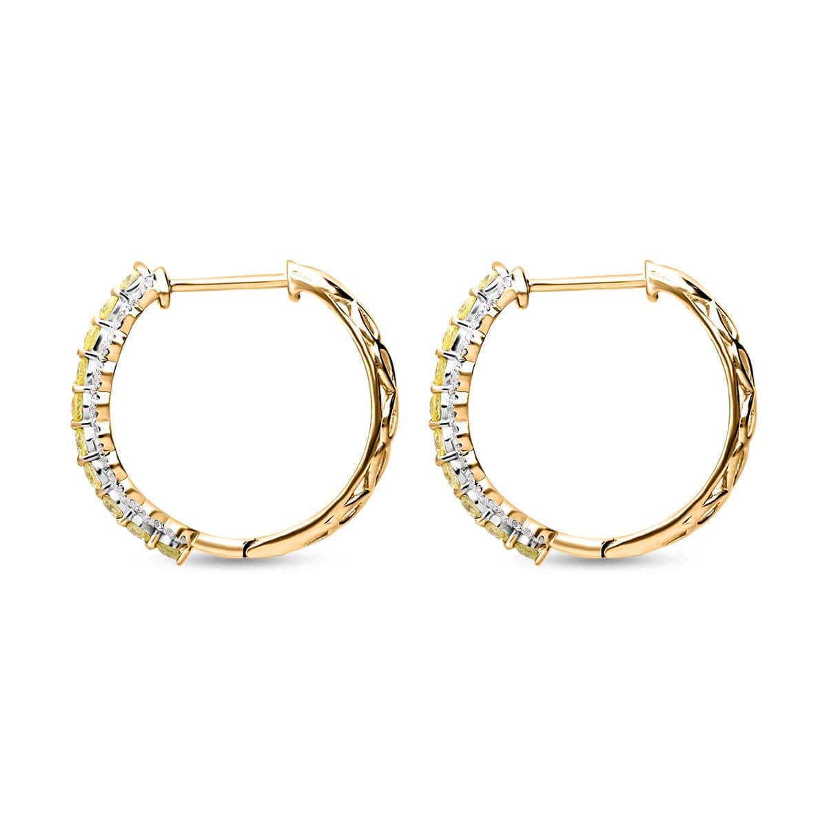 Natural Yellow and White Diamond Hoop Earrings in Vermeil Yellow Gold Over Sterling Silver 1.00 ctw image number 3