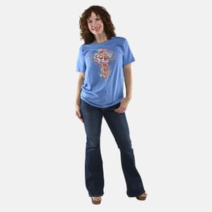 Blue 100% Cotton Floral Cross Print T-Shirt (S-L)