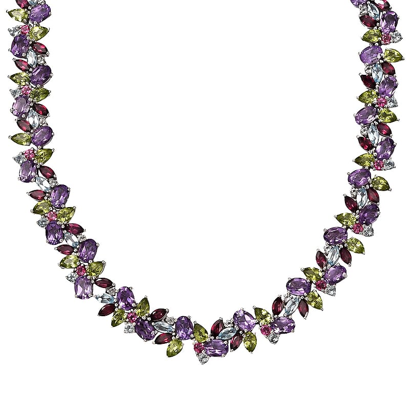 D'Joy Multi Gemstone 87.25 ctw Plum Blossom Necklace 18 Inches in Platinum Over Sterling Silver 