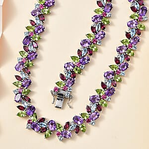 D'Joy Multi Gemstone 87.25 ctw Plum Blossom Necklace 18 Inches in Platinum Over Sterling Silver 