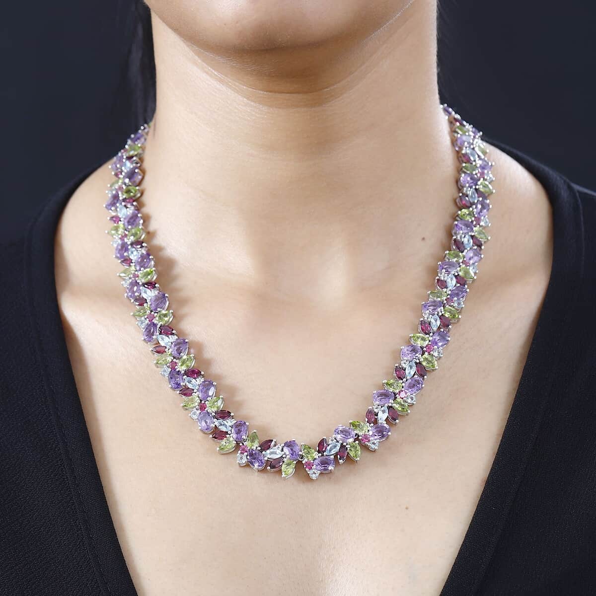 Multi Gemstone Plum Blossom Necklace 18 Inches in Platinum Over Sterling Silver 87.25 ctw image number 2