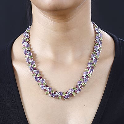 D'Joy Multi Gemstone 87.25 ctw Plum Blossom Necklace 18 Inches in Platinum Over Sterling Silver 