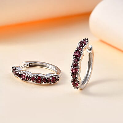 Tanzanian Wine Garnet Huggie Hoop Earrings in Rhodium Over Sterling Silver 1.40 ctw