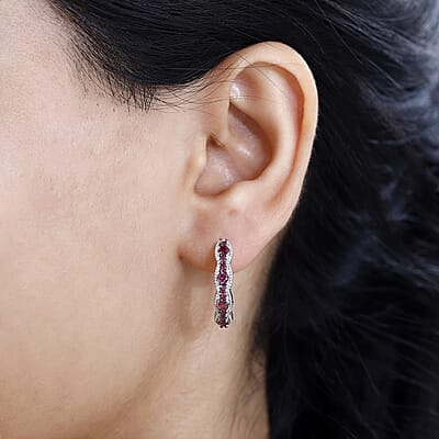 Tanzanian Wine Garnet Huggie Hoop Earrings in Rhodium Over Sterling Silver 1.40 ctw