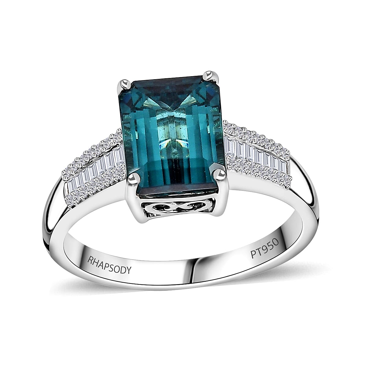 Certified & Appraised Rhapsody 950 Platinum AAAA Monte Belo Indicolite and E-F VS Diamond Ring (Size 7.5) 8 Grams 4.25 ctw image number 0