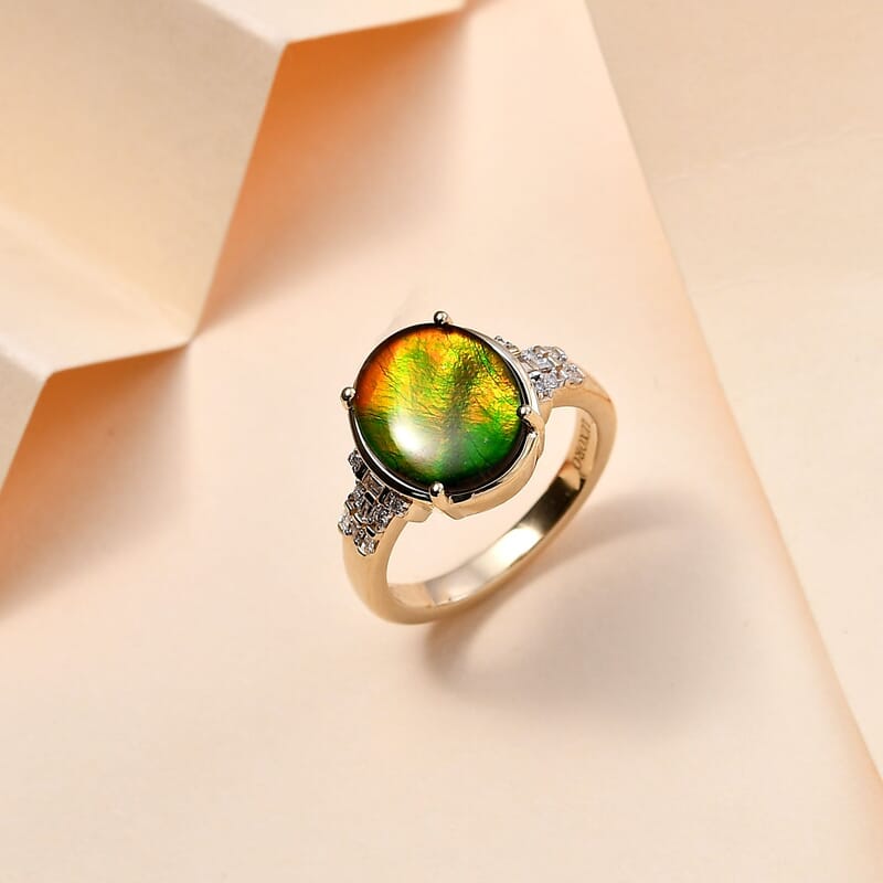Luxoro 10K Yellow Gold Premium Canadian Ammolite and G-H I2 Diamond Ring (Size 6.0) 4 Grams 0.11 ctw
