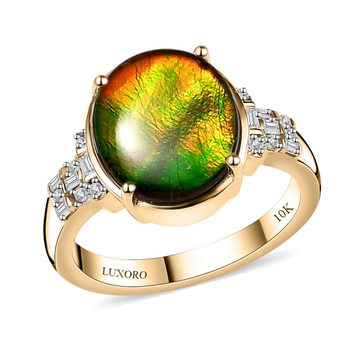 Luxoro 10K Yellow Gold Premium Canadian Ammolite and G-H I2 Diamond Ring (Size 7.0) 4 Grams 0.11 ctw image number 0