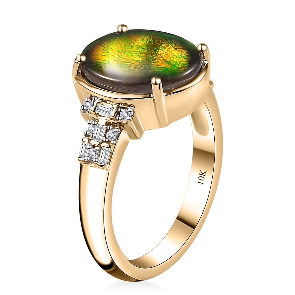 Luxoro 10K Yellow Gold Premium Canadian Ammolite and G-H I2 Diamond Ring (Size 8.0) 4 Grams 0.11 ctw image number 3