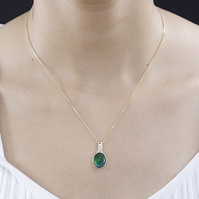 Luxoro 10K Yellow Gold Premium Canadian Ammolite and G-H I2 Diamond Pendant without Chain 0.05 ctw