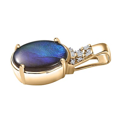 Luxoro 10K Yellow Gold Premium Canadian Ammolite and G-H I2 Diamond Pendant without Chain 0.05 ctw