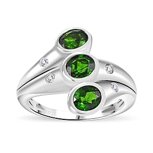 Chrome Diopside and White Zircon 1.27 ctw 3 Stone Ring in Platinum Over Sterling Silver (Size 5.5)
