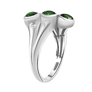 Chrome Diopside and White Zircon 1.27 ctw 3 Stone Ring in Platinum Over Sterling Silver (Size 5.5)