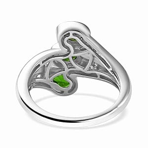 Chrome Diopside and White Zircon 1.27 ctw 3 Stone Ring in Platinum Over Sterling Silver (Size 5.5)