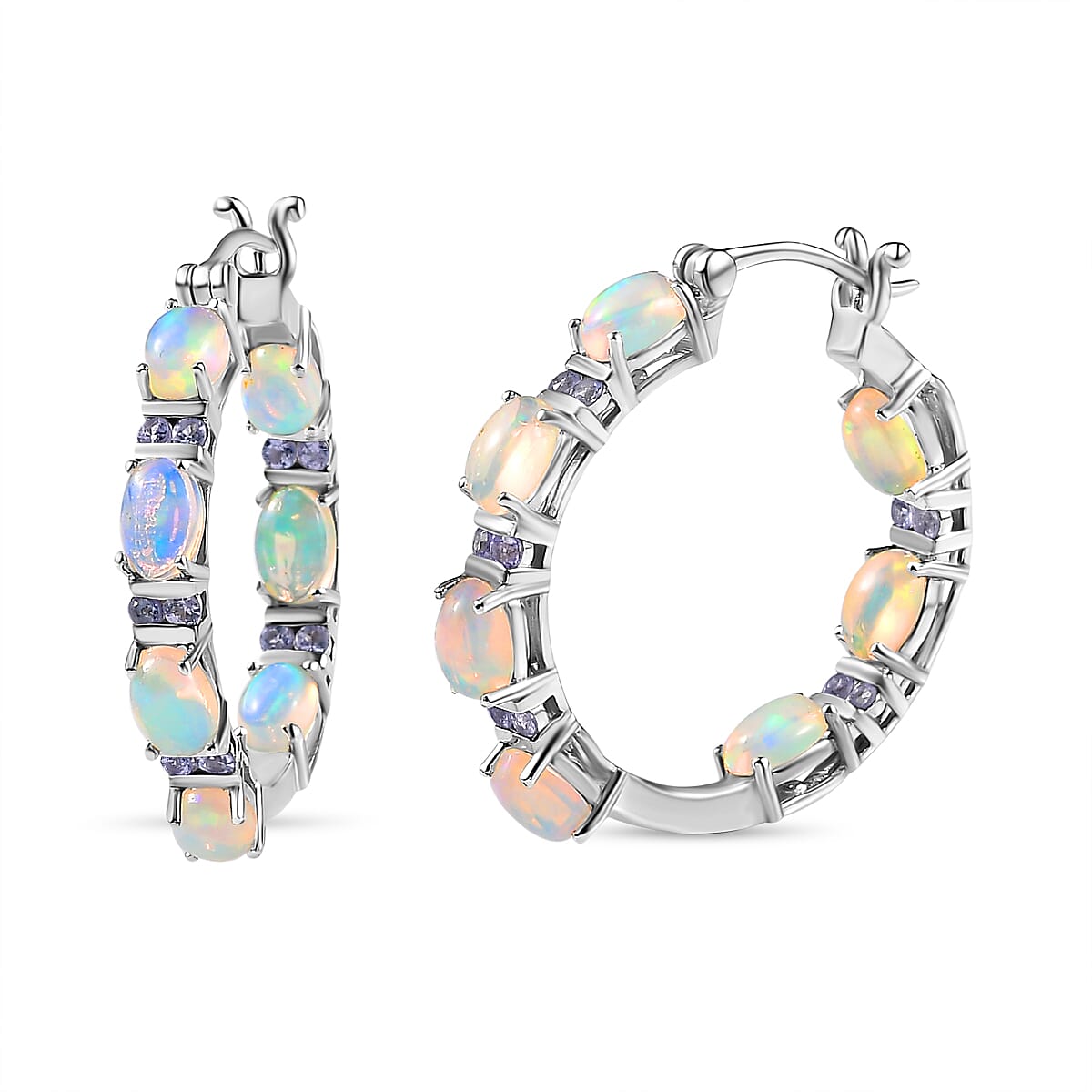 Premium Ethiopian Welo Opal and Tanzanite Inside Out Hoop Earrings in Platinum Over Sterling Silver 6.10 ctw image number 0