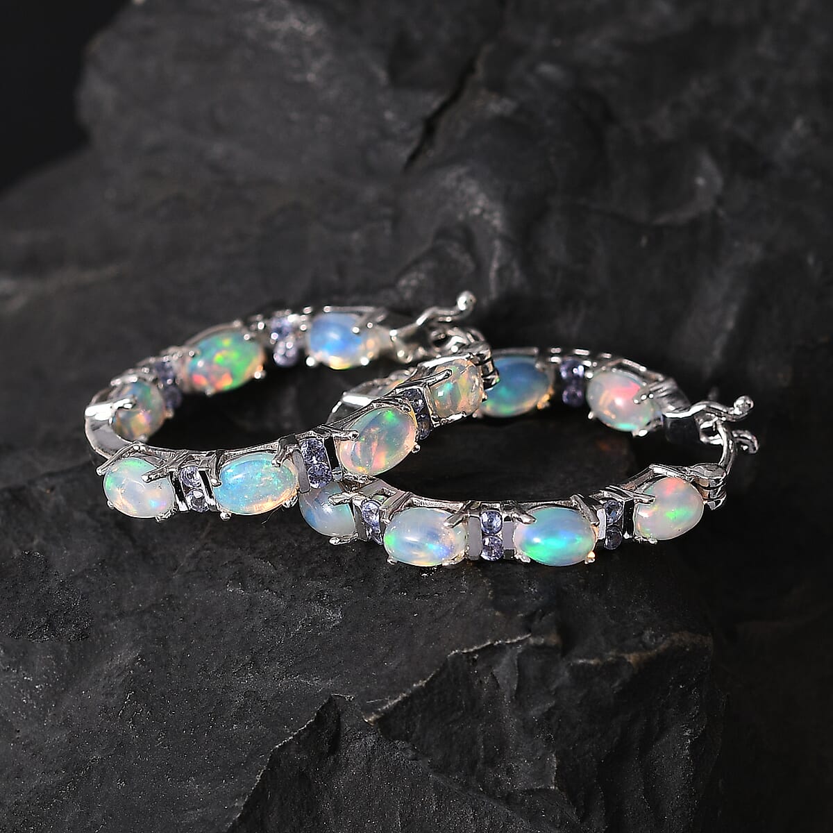 Premium Ethiopian Welo Opal and Tanzanite Inside Out Hoop Earrings in Platinum Over Sterling Silver 6.10 ctw image number 1
