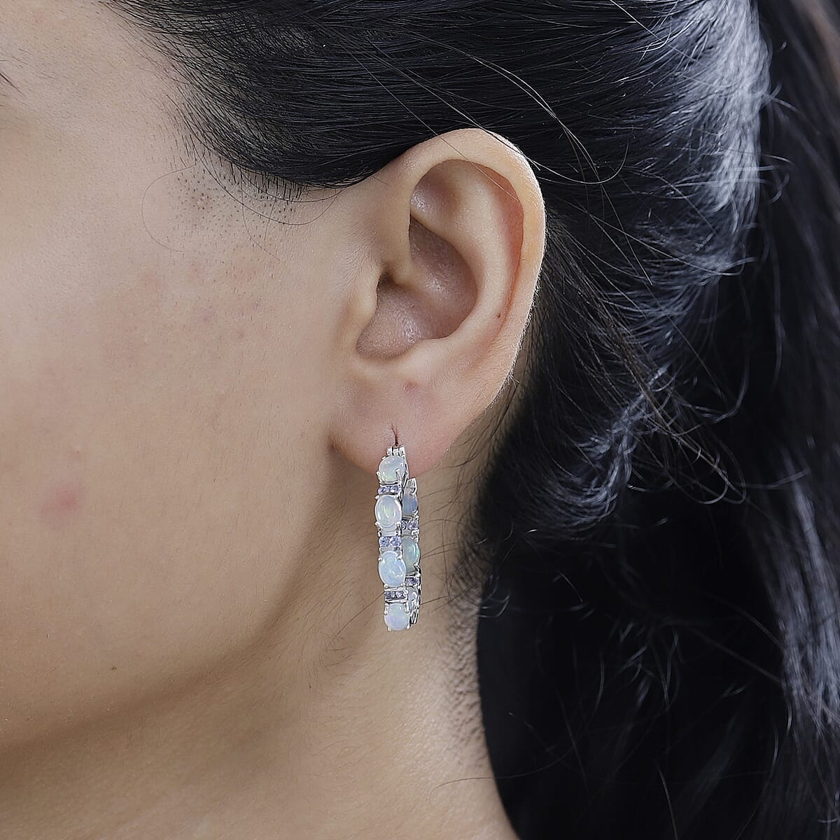 Premium Ethiopian Welo Opal and Tanzanite Inside Out Hoop Earrings in Platinum Over Sterling Silver 6.10 ctw image number 2