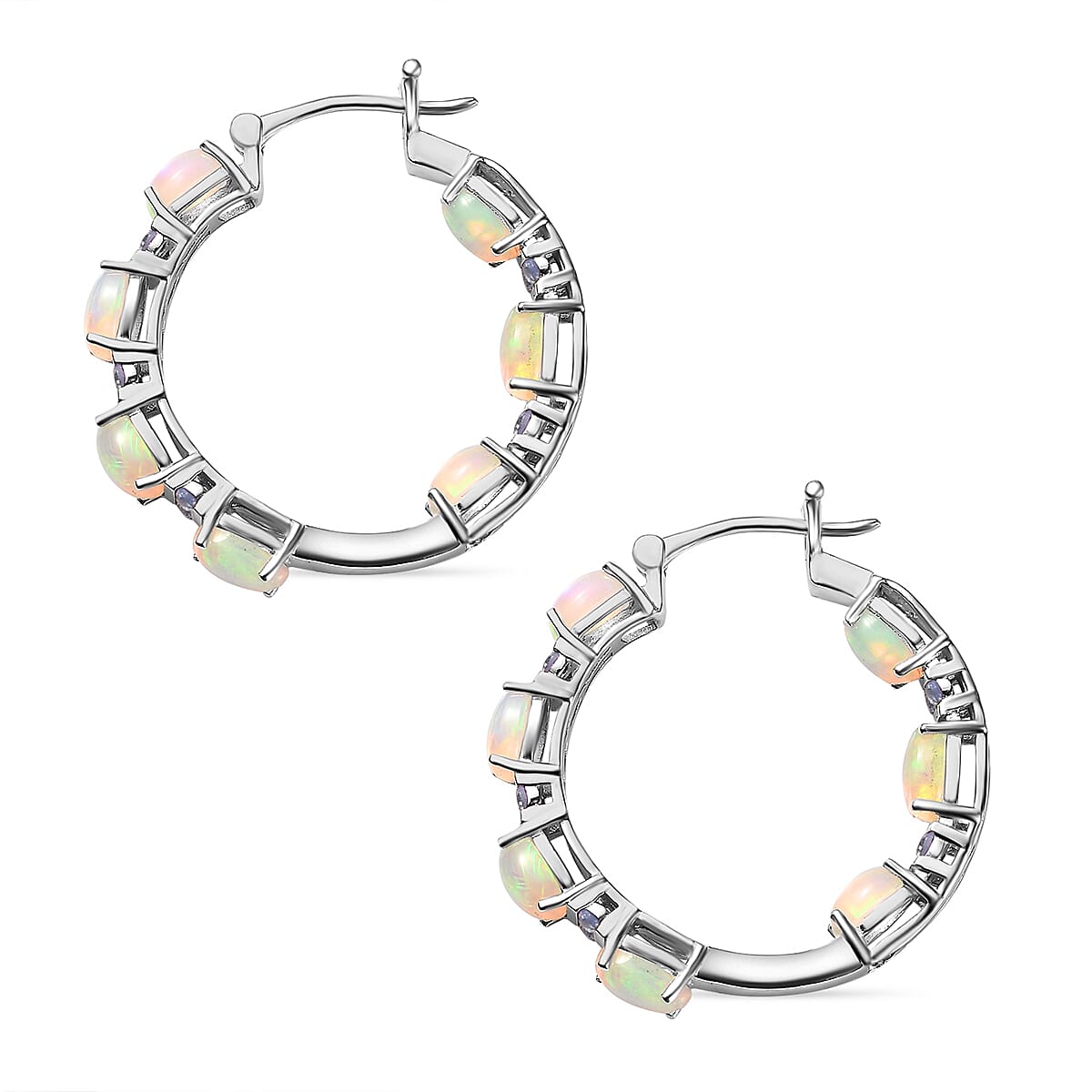 Premium Ethiopian Welo Opal and Tanzanite Inside Out Hoop Earrings in Platinum Over Sterling Silver 6.10 ctw image number 3