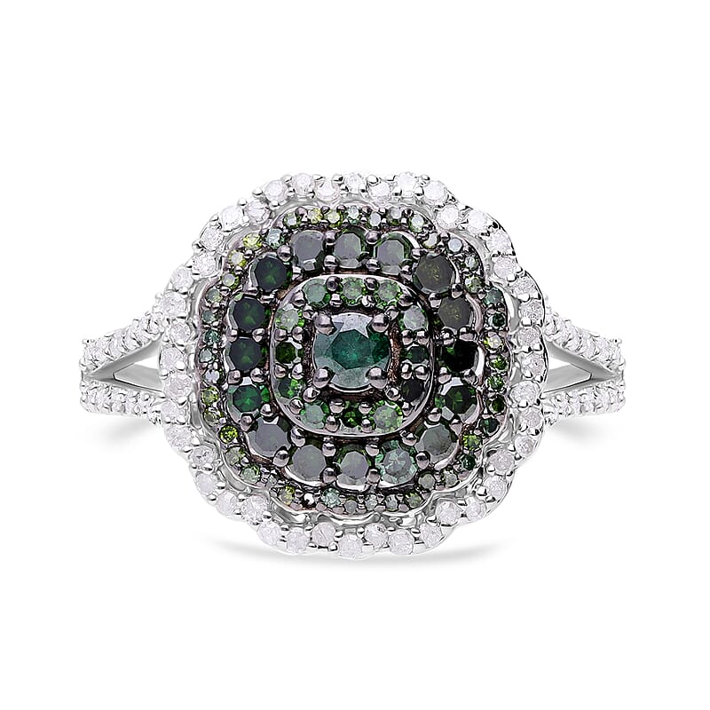 Green and White Diamond Ring in Platinum Over Sterling Silver (Size 10.0) 1.00 ctw