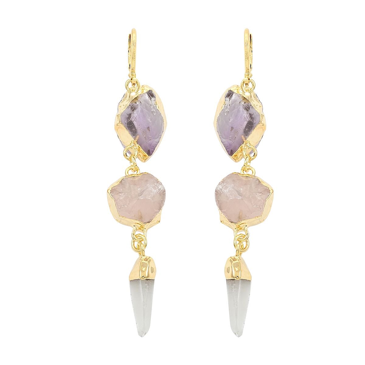 Colors of Brazil African Amethyst, Rose Quart and Crystal Earrings in Goldtone 45.99 ctw