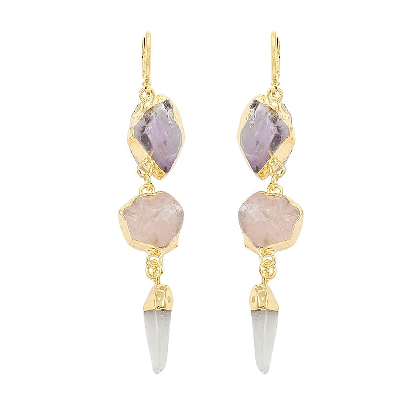 Colors of Brazil African Amethyst, Rose Quart and Crystal Earrings in Goldtone 45.99 ctw