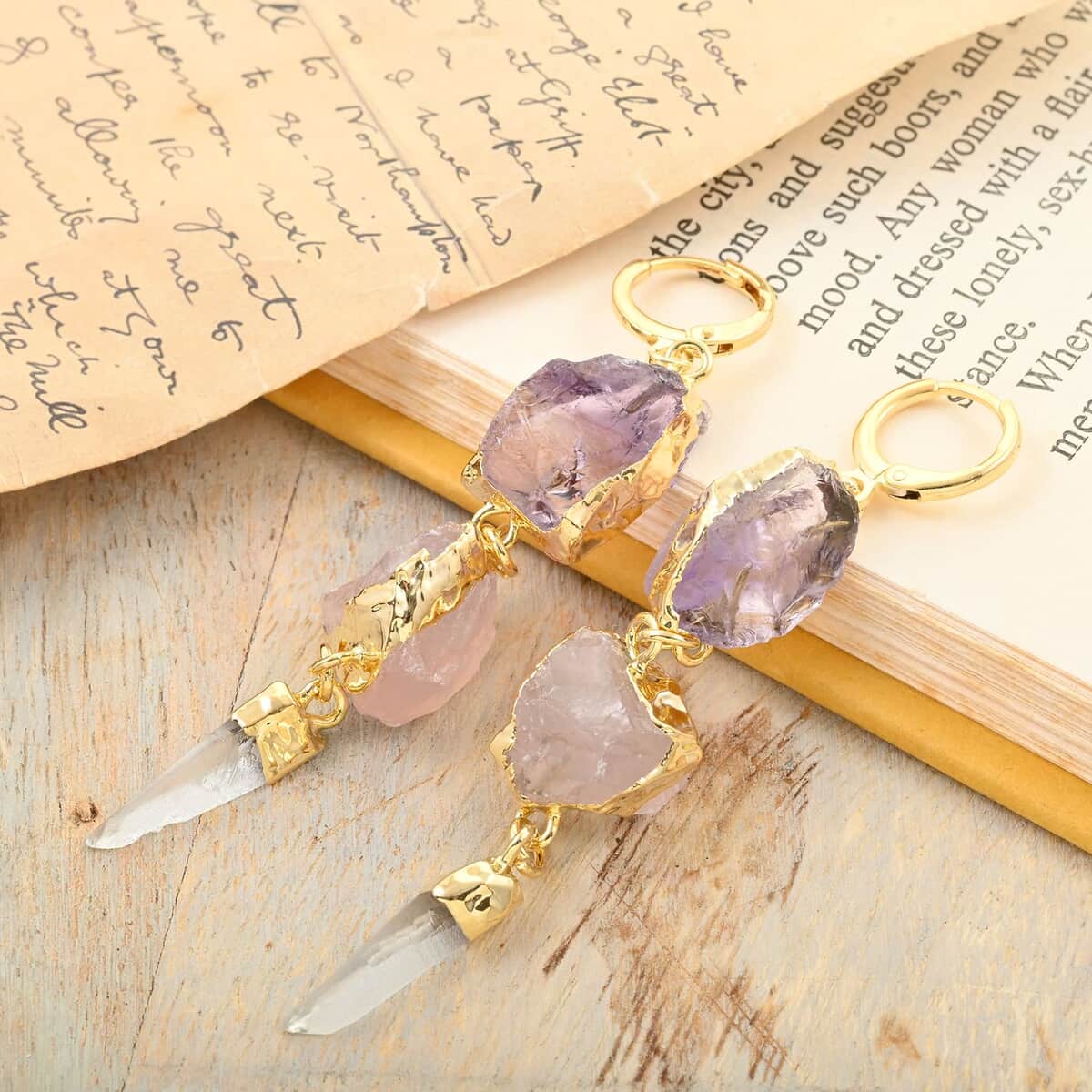 African Amethyst, Rose Quartz, Crystal Earrings in Goldtone 45.99 ctw image number 1