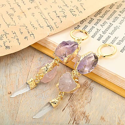 Colors of Brazil African Amethyst, Rose Quart and Crystal Earrings in Goldtone 45.99 ctw