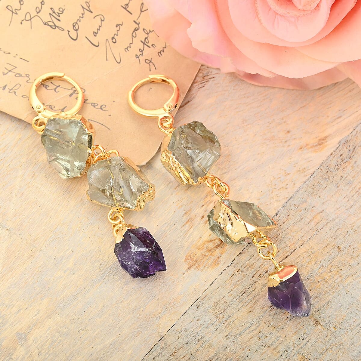 Colors of Brazil Green Turquoise and African Amethyst Earrings in Goldtone 52.00 ctw image number 1