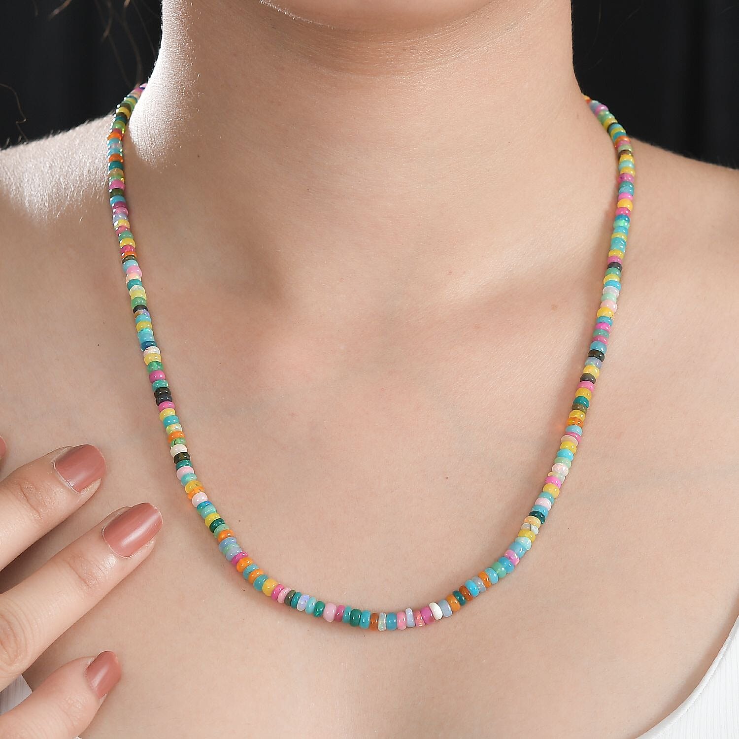 Multi Opal Beded Necklace 18 Inches in Rhodium Over Sterling Silver 35.00 ctw